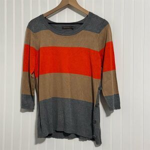 THE LIMITED L Striped Sweater Colorblock Orange Tan Gray 3/4 Sleeve Side Buttons